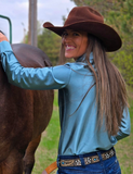 Cowgirl Tuff Satin Hustle Pullover Button Up in Morning Mist