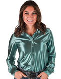 Cowgirl Tuff Satin Hustle Pullover Button Up in Morning Mist