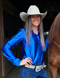Cowgirl Tuff Satin Hustle Pullover Button Up in Sapphire Blue