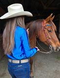 Cowgirl Tuff Satin Hustle Pullover Button Up in Sapphire Blue