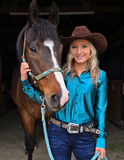 Cowgirl Tuff Satin Hustle Pullover Button Up in Deep Turquoise