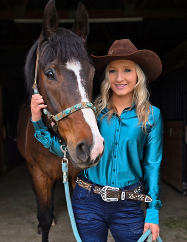 Cowgirl Tuff Satin Hustle Pullover Button Up in Deep Turquoise