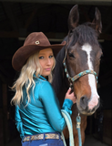 Cowgirl Tuff Satin Hustle Pullover Button Up in Deep Turquoise