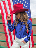 Cowgirl Tuff Satin Hustle Pullover Button Up in Indigo Blue
