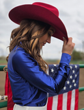 Cowgirl Tuff Satin Hustle Pullover Button Up in Indigo Blue