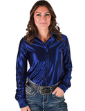 Cowgirl Tuff Satin Hustle Pullover Button Up in Indigo Blue