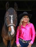 Cowgirl Tuff Satin Hustle Pullover Button Up in Hot Pink