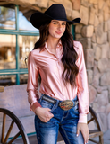 Cowgirl Tuff Satin Hustle Pullover Button Up in Champagne Light Pink