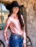 Cowgirl Tuff Satin Hustle Pullover Button Up in Champagne Light Pink