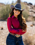 Cowgirl Tuff Satin Hustle Pullover Button Up in Sangria Red
