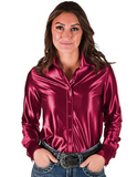 Cowgirl Tuff Satin Hustle Pullover Button Up in Sangria Red