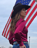 Cowgirl Tuff Satin Hustle Pullover Button Up in Ruby Red