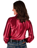 Cowgirl Tuff Satin Hustle Pullover Button Up in Ruby Red