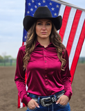 Cowgirl Tuff Satin Hustle Pullover Button Up in Ruby Red