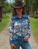 Model wearing the Ranch Ready Pullover Button Up in a park.