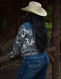 Back view of a model posing in the Ranch Ready Pullover Button Up while leaning on a hand rail.