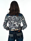 Back view of a model wearing the Ranch Ready Pullover Button Up in a white back drop.