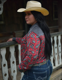 Cowgirl Tuff Ranch Ready Pullover Button Up with Grey Suede