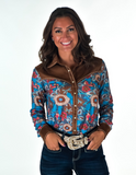 Front view of a model wearing the Ranch Ready Pullover Button Up in a white back drop.