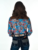 Back view of a model wearing the Ranch Ready Pullover Button Up in a white back drop.