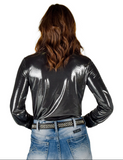 Back view of the model wearing the Obsidian Rush Pullover Button Up in a white back drop.