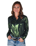 Front view of a model wearing the Emerald Blaze Pullover Button Up in a white back drop.