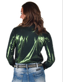 Back view of a model wearing the Emerald Blaze Pullover Button Up in a white back drop.
