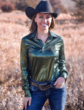 Front view of a model wearing the Emerald Blaze Pullover Button Up, standing in a field.