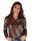 Front view of a model wearing the Garnet Glow Pullover Button Up in a white back drop.
