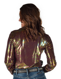Back view of a model wearing the Garnet Glow Pullover Button Up in a white back drop.
