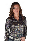 Front view of a model wearing the Midnight Mirage Pullover Button Up in a white back drop.
