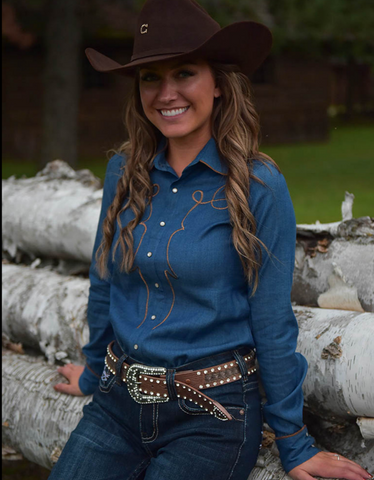 Cowgirl Tuff Saddle Stitch Pullover Button Up In Denim