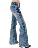 Right side view stock photo of the Cowgirl Tuff Blazn' Red Trouser Jeans.
