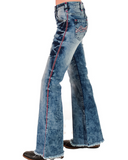Left side view stock photo of the Cowgirl Tuff Blazn' Red Trouser Jeans.