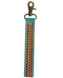Teal Accent Hand-Tooled Strap Key Fob in a white back drop.