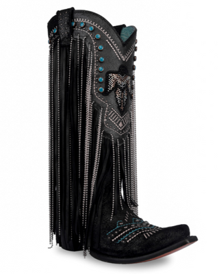 Side view of the Blackridge Stampede Corral Boots with a wood backdrop.