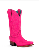 Side view of the Fuchsia Outlaw Corral Boots in a wood backdrop.