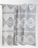 Gray and white Aztec patterned blanket draped over a white rod against a white background