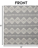 Gray and white Aztec patterned blanket with measurements on a plain background