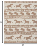 Blanket with horse and cowboy hat pattern and measurements on a white background