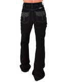 Black jeans with white stitching on a white background