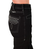 Black pants with a brand logo on a white background