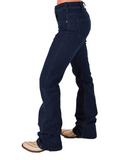 Dark blue jeans worn by a person on a white background