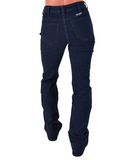 Dark indigo blue jeans on a white background