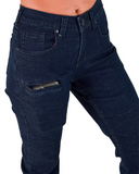 Dark indigo blue jeans on a white background showing phone pocket