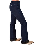 Insulated dark blue jeans worn by a person on a white background