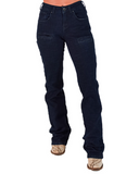 Insulated dark blue jeans worn by a person on a white background