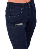 Insulated blue jeans with a phone pocket on a white background