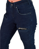 Insulated blue jeans with a phone pocket on a white background