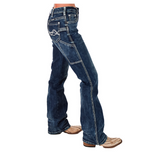 Blue jeans worn by a person on a white background